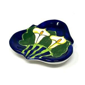 Mexican Folk Art Trinket Dish Lillies Leaves Cobalt Blue Super Charming!
